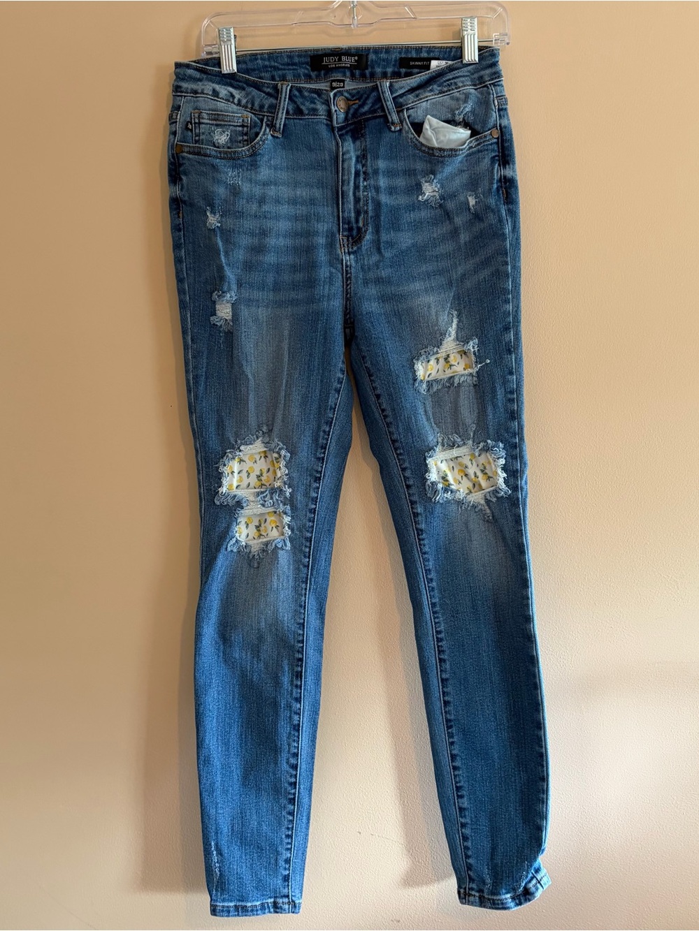 Judy Blue  Women's Distressed Blue Skinny Jeans with lemon Floral Patch